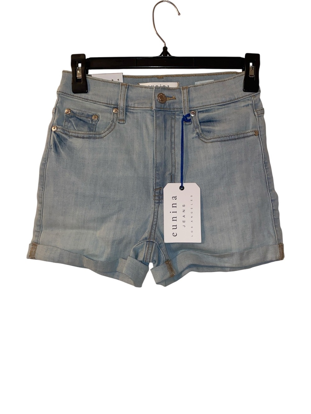 eunina Light Wash Denim Roll-Hem Shorts